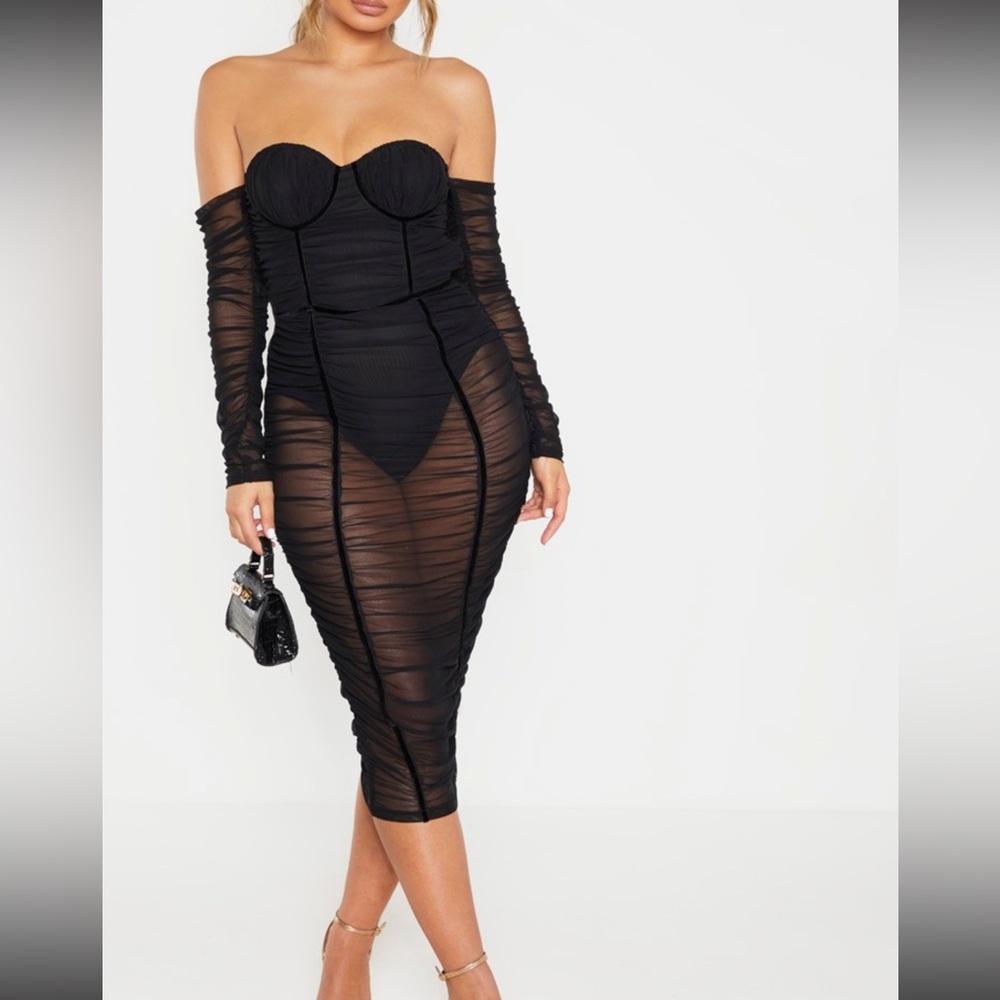 Black Mesh Ruched velvet Midi Dress